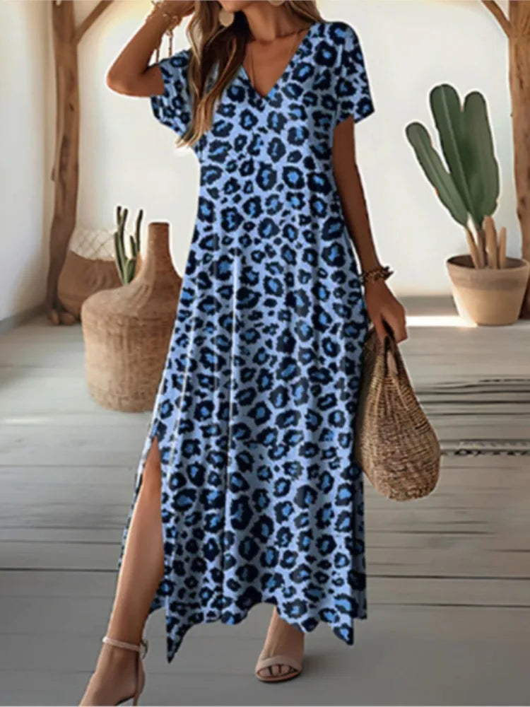 Casual Leopard Print Loose Long Dress Fashion V Neck Short Sleeve Maxi Elegant Dress.  S-3X