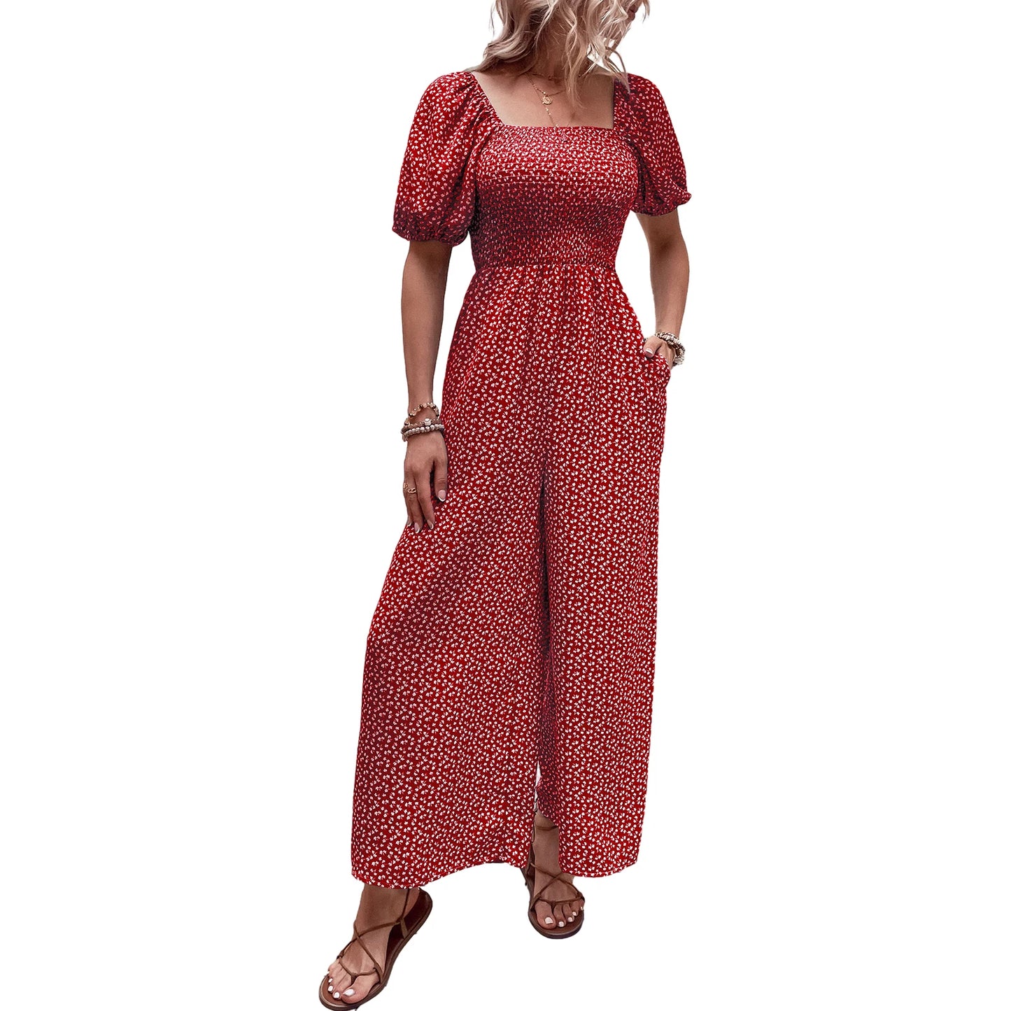 Elastic Waist Jumpsuit Stylish Women's Floral Print Wide-leg for Summer.  S-XL