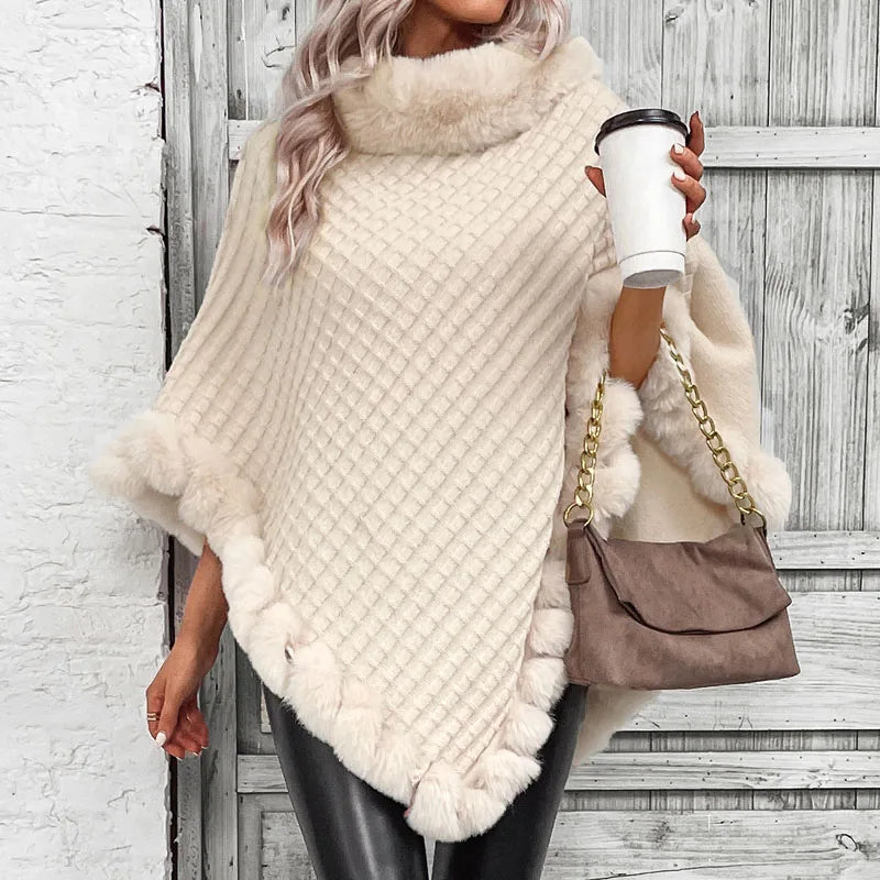 Fashion Plaid Striped Faux Fur Pullover Women Autumn Winter Knit Poncho