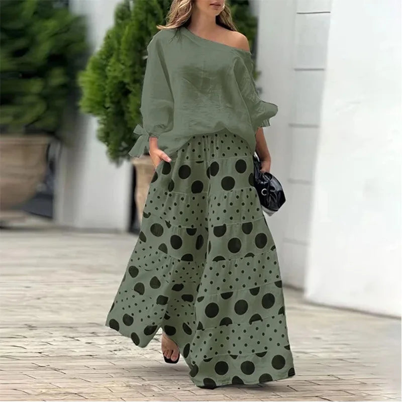 Ladies Spring And Summer Elegant Fashion Print Two-Piece Set Casual Off-Shoulder Long-Sleeve Solid Top.