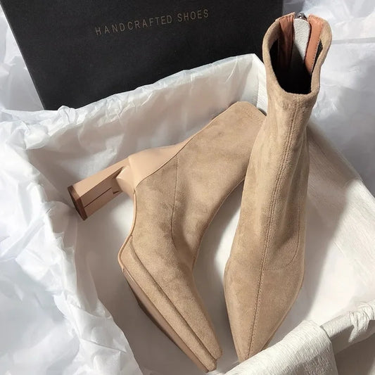 New Women High Heels Pointed Toe Ankle Luxury Boots Suede Chunky Fashion Boot.  Zapatos Mujer