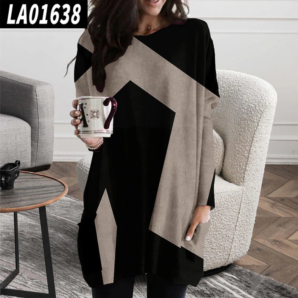 Women's Casual Geometric Print Dress Fashionable Round Neck Long Sleeve Loose Dress 2025 Spring New Style Comfortable Home Wear