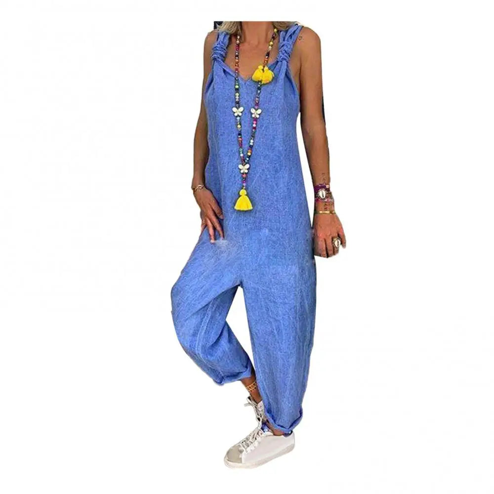 Women Casual Backless Solid Colour Sleeveless Jumpsuit