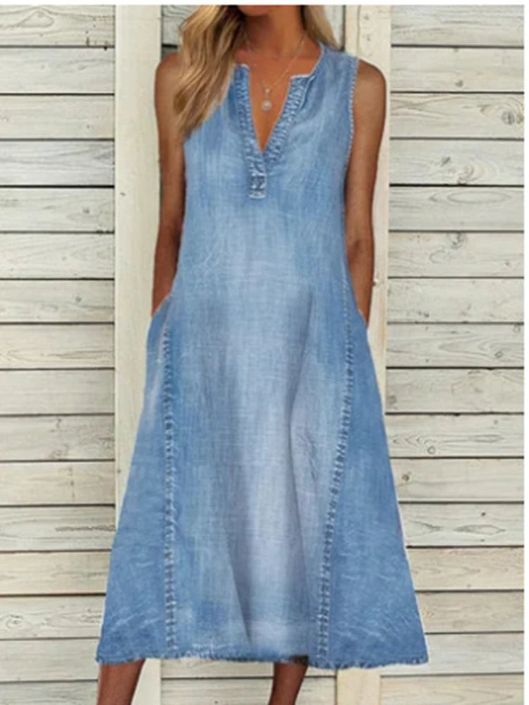Summer Sleeveless Dress Sexy V-neck Blue Denim Loose Midi Dress Pockets Casual Long Dress.  S-3X