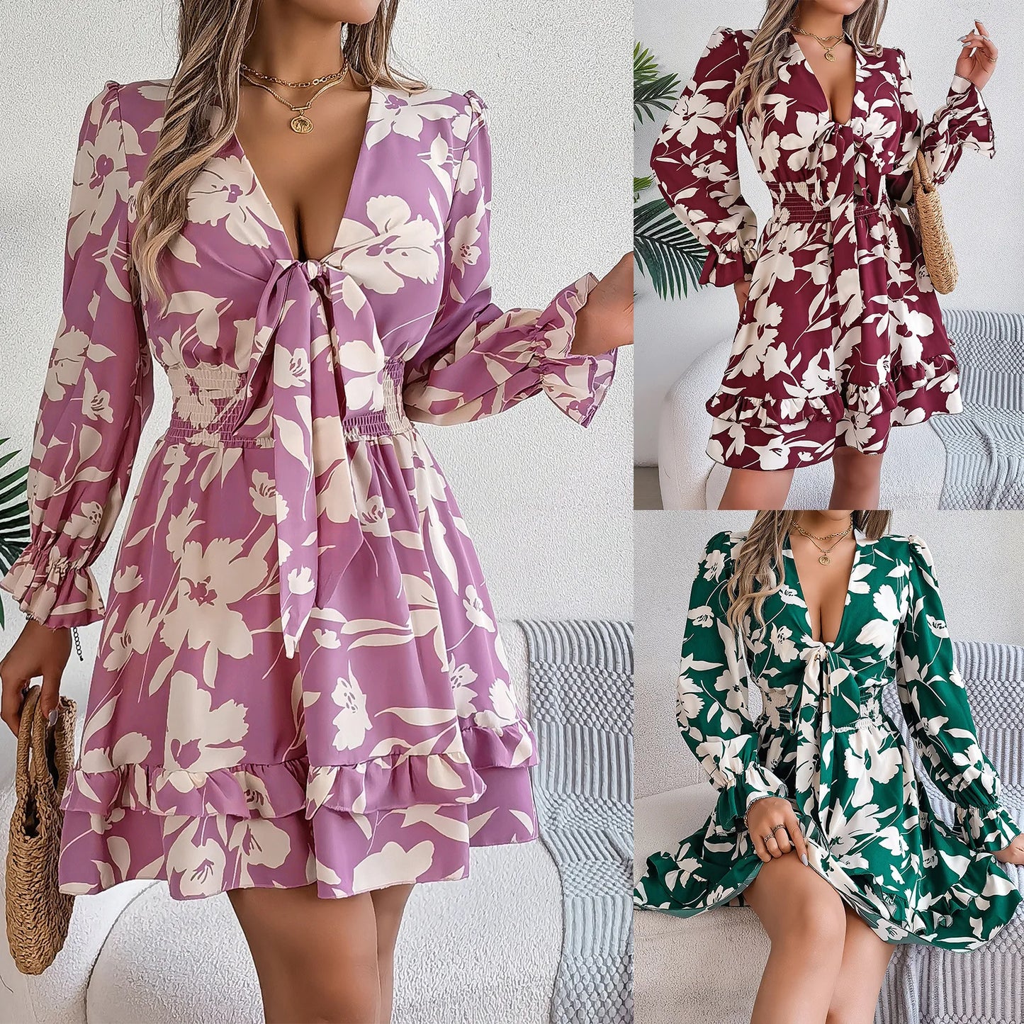 2025 Spring Summer Women's Long Sleeve Flower Printed V-neck Fashion Elegance Dress