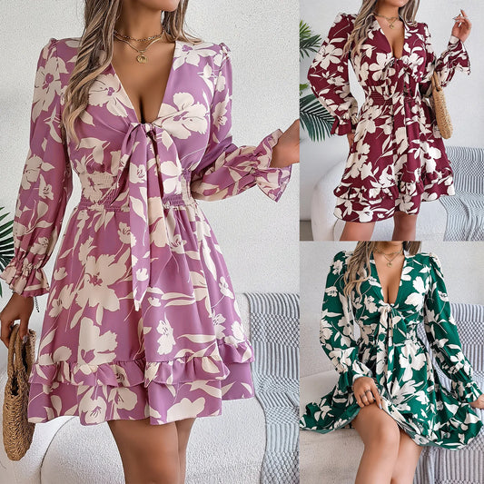 2025 Spring Summer Women's Long Sleeve Flower Printed V-neck Fashion Elegance Dress