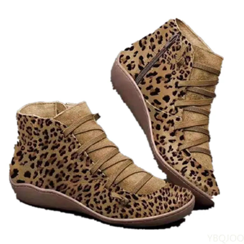 New Women's Ankle Boot/Shoe Casual Leopard Print Wedge Flat Warm Booties