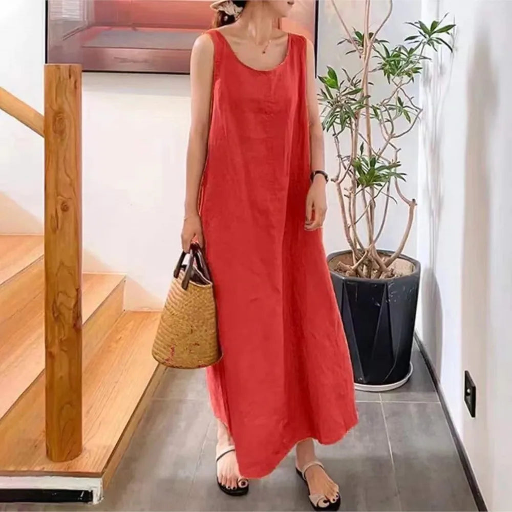 Fashion Cotton And Linen Simple Women's Long Dress Summer Casual Loose Pocket O-neck Elegant Women's Sundress.  S-4X