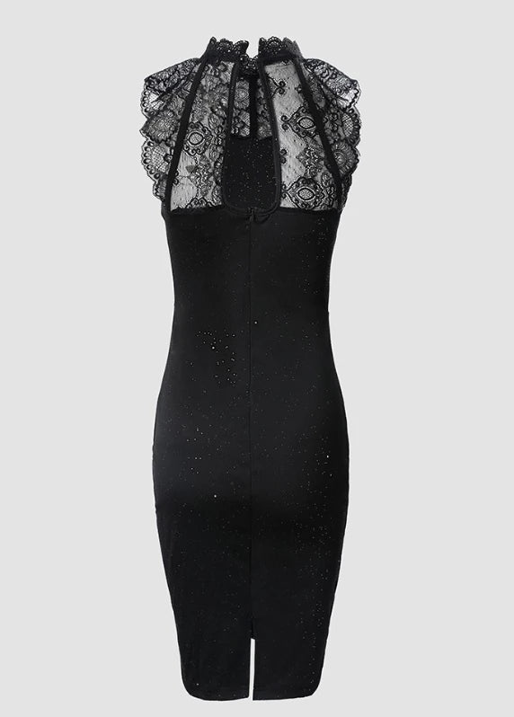2025 Summer Fashion Glitter Print Contrast Lace O-Neck Sleeveless Skinny Mini Party Dress.
