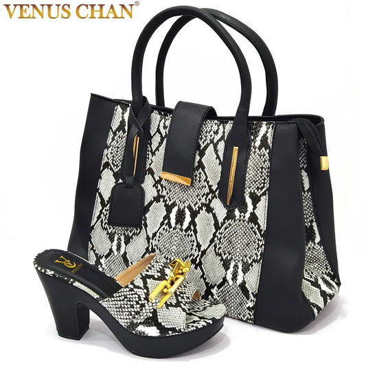 Italian latest design snake pattern platform with matching handbags