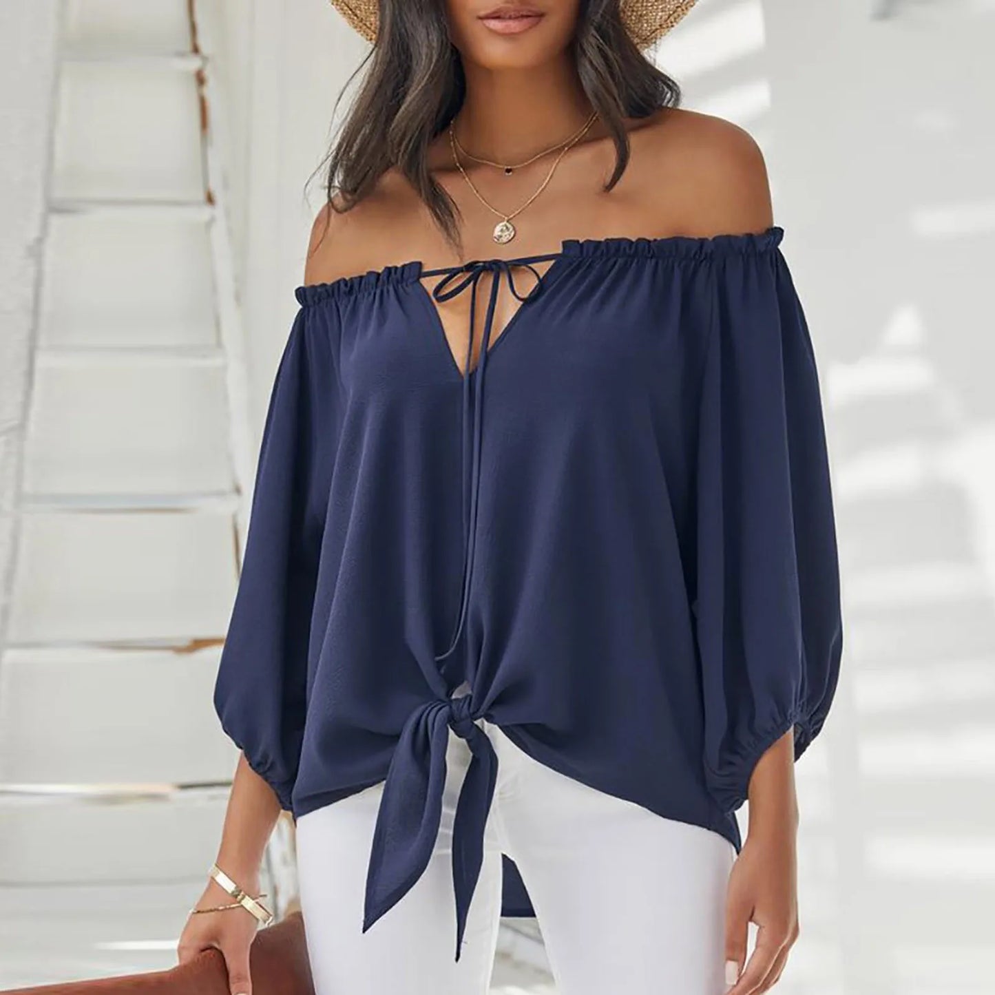 Summer Blouse Sexy Off Shoulder Elegant Women Tops Half Sleeve Casual Loose Solid Colour Tie Blouse