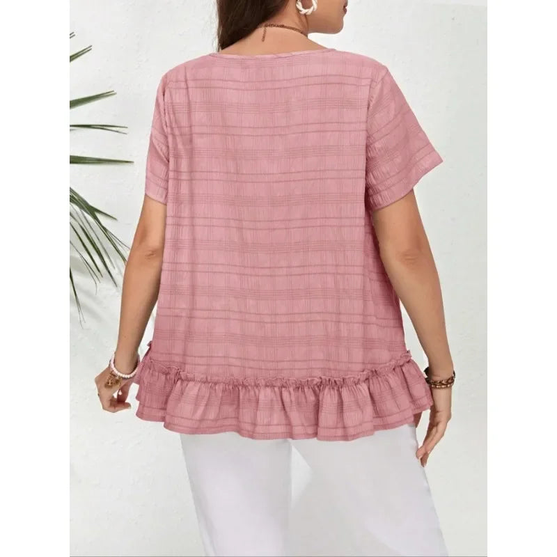 Plus Size 1XL-5XL Women's Casual and Fashionable Ruffled Round Neck Short Sleeved Shirt.