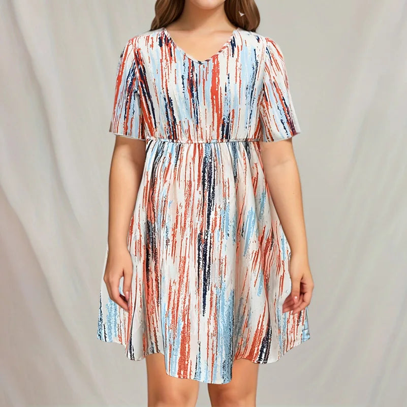 Plus Size Dress, Printed V-Neck Short-Sleeved Loose Fit, Elastic Waist, Casual Style Dress.  1X-5X