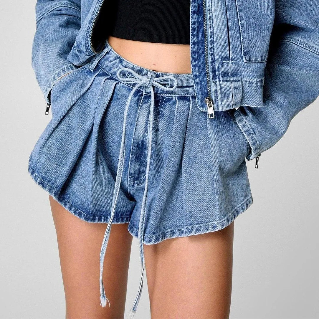 Women's Denim Two-Piece Set 2025 Spring Summer Outfit Fashion Pockets Jean Jacket+Loose Shorts New Matching Set.  S-XL