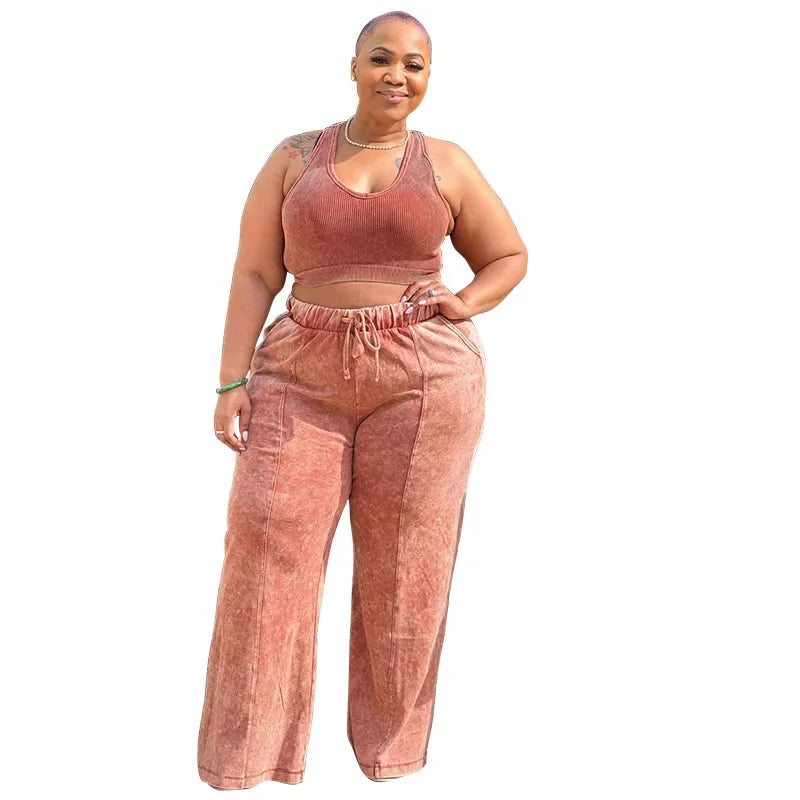 Plus Size Women's Sleeveless Top +Wide Leg Straight Pants Washed Two 2 Piece Set Outfit .