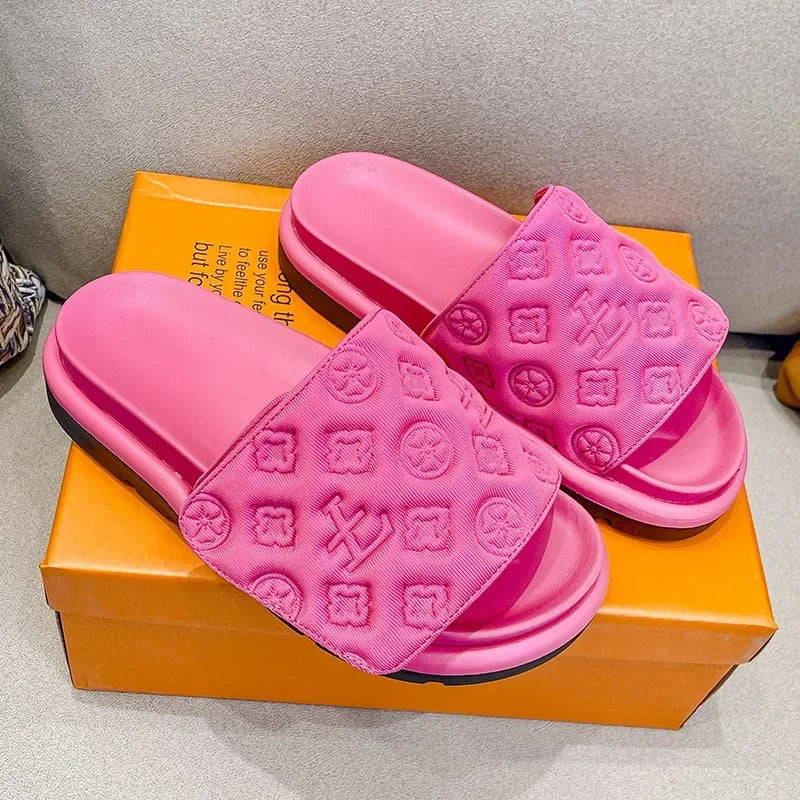 Summer New Luxury Designer Women's Thick Sole Slides Outdoor/Indoor Fashion Sandals Embossed Printing