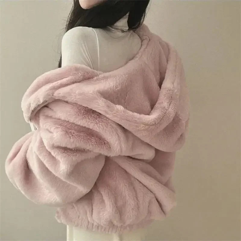 New Fashion Hooded Plush Thick Jacket Women's Padded Thickened Zipper Warm Short Cute Coat.  S-XXL