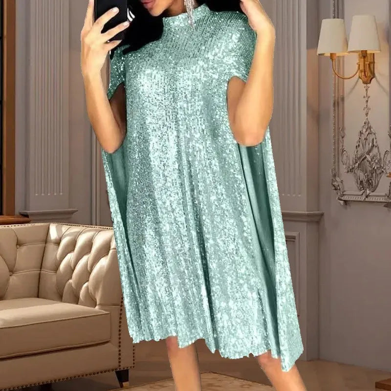 Sexy Party Sequin Glitter Cloak Sleeve Elegant Woman Dress 2025.  S-2X
