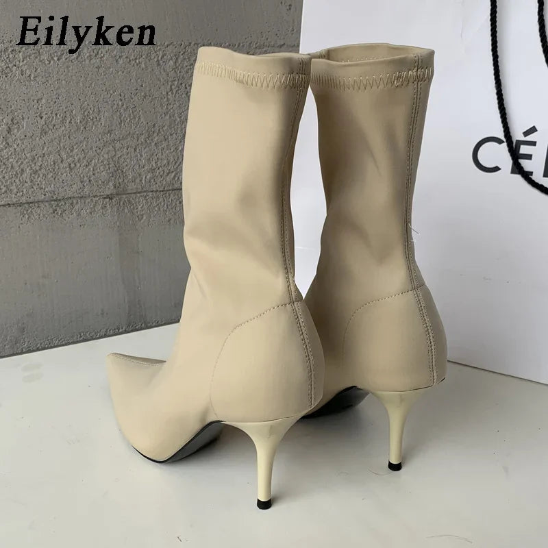 Women's Stretch Fabric Ankle Boots - Pointed Toe Thin High Heels
