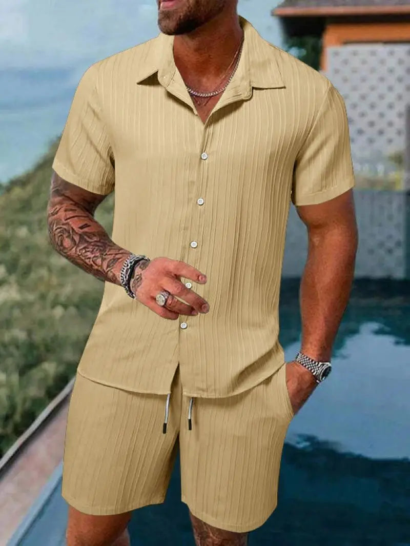 Spring and summer European Style new men's striped jacquard loose shorts and shirt set.   S-3x