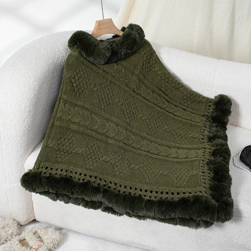 Women's Winter Women's Loose Plus Size Warm Imitation Rabbit Fur Collar Cloak Coarse Dough Twists Sweater Coat