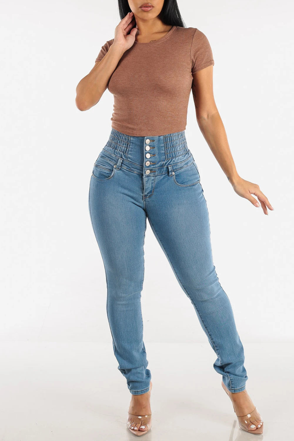 Plus Size Women's Jeans Blue Smocking Denim High Waist Button Up Stretch Skinny Jeans