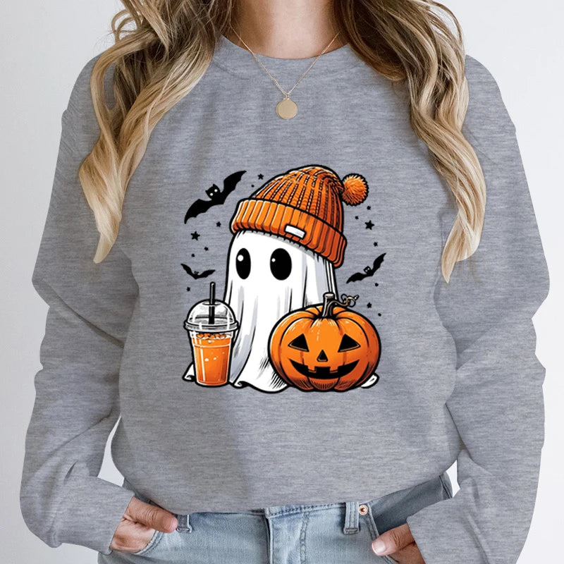 Unisex Fashion Halloween Ghost Pumpkin Bat Print Pullover Ladies Long Sleeve Halloween Sweatshirts.   S-2X