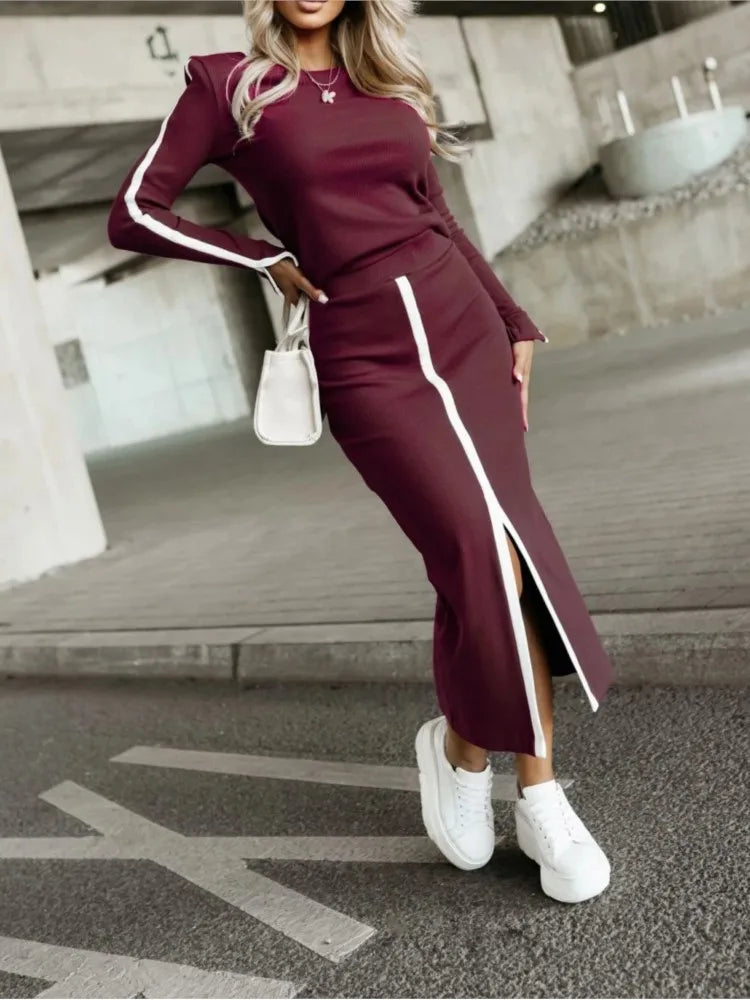 2025 Elegant Sexy Slit Skirt Outfit Long Sleeve Matching Casual Ladies Suit.  S-XL