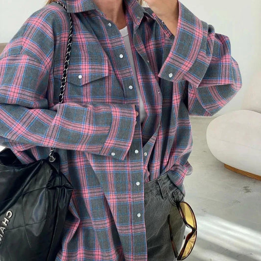Women's Oversized Plaid Shirt - Vintage Button Down with Pockets
