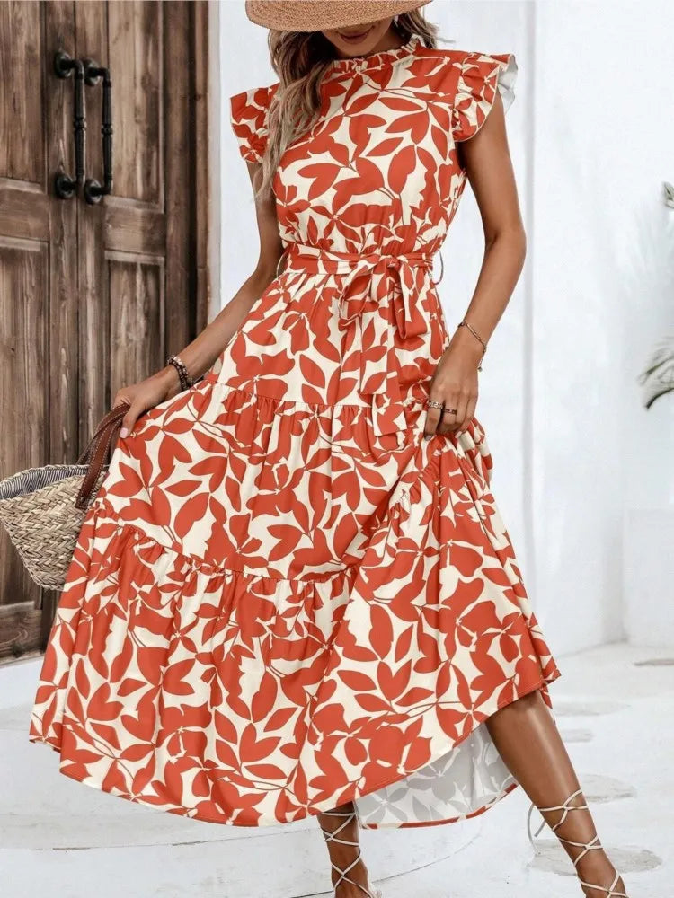 Elegant Women's Flower Midi Dress New Summer Fashion Stand Collar Flying Sleeve Dress Casual Dress.  S-2X