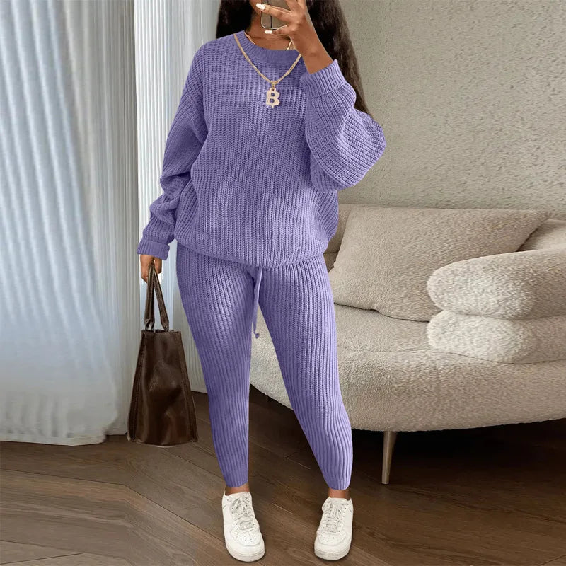 Two Piece Women Autumn Fashion Casual Solid Round Neck Pullover Loose Pit Knitted Sweater Pants Suit.  S-3XL