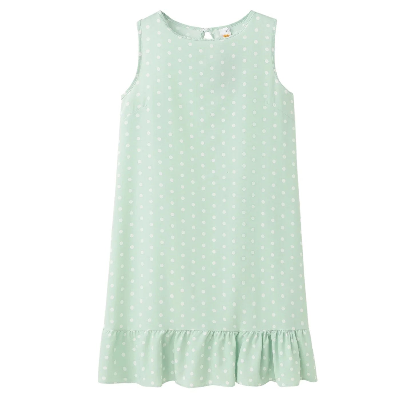 Ruffled Polka Dot Dress Sleeveless, Round Neck, Loose Hem,   S-2X