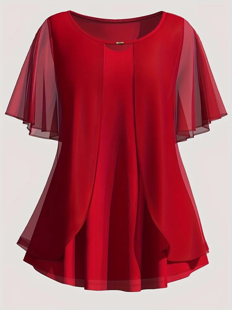 Plus Size Chiffon Blouse Solid O Neck Loose Fit Short Sleeve Casual Summer Top.