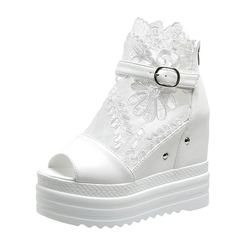 Summer Buckle Platform Sandals 10CM Wedge Heel Peep Toe Lace Breathable Shoes