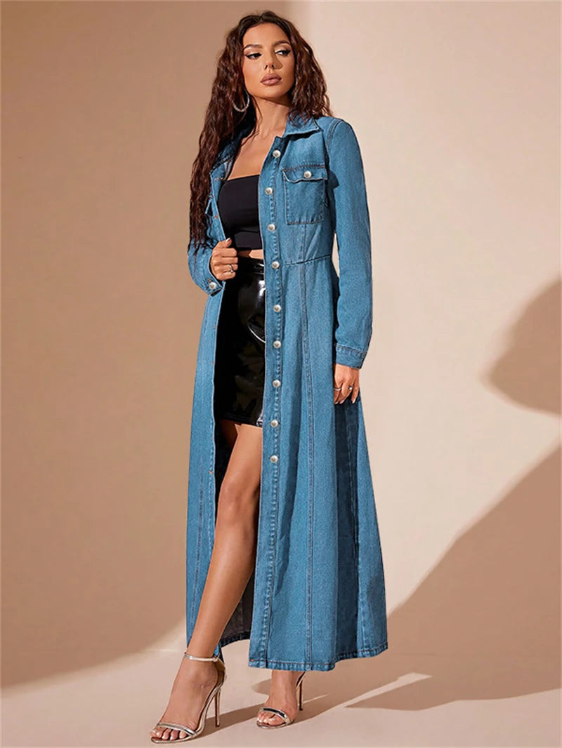 Streetwear Slim Fit Denim Dress Women Full Sleeve Single Breasted Denim long Dress.  Vestidos,     S-2X