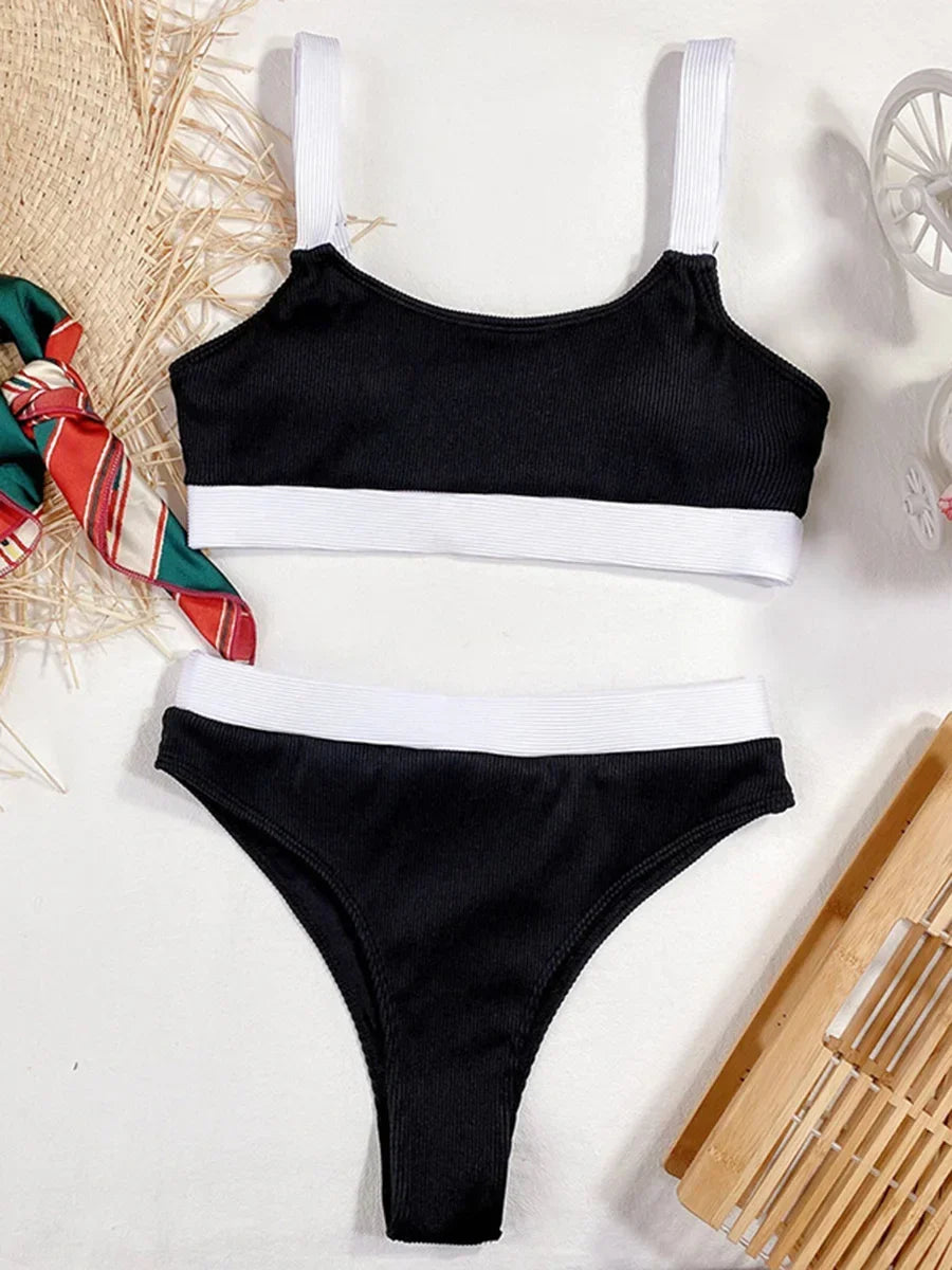 Sexy Ribbed High Waist Bikini Two-pieces Set.