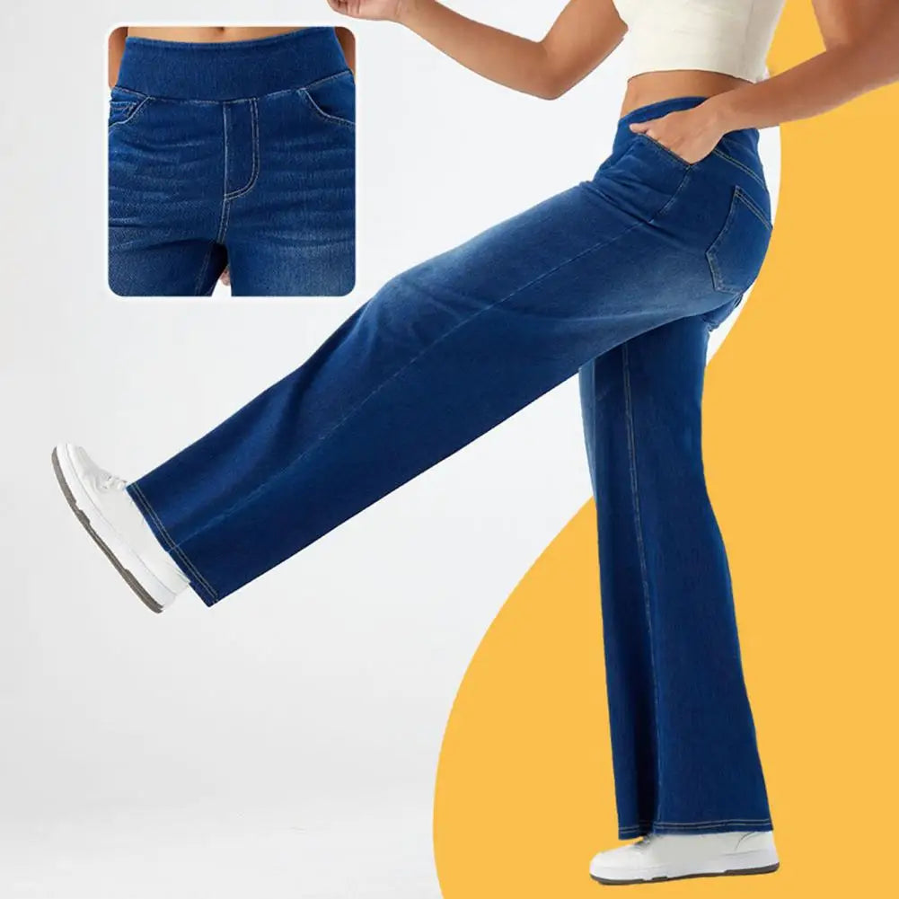 Women's High Waist Wide Leg Jeans - Elastic Waist Denim Pants with Pockets.  XS-XL