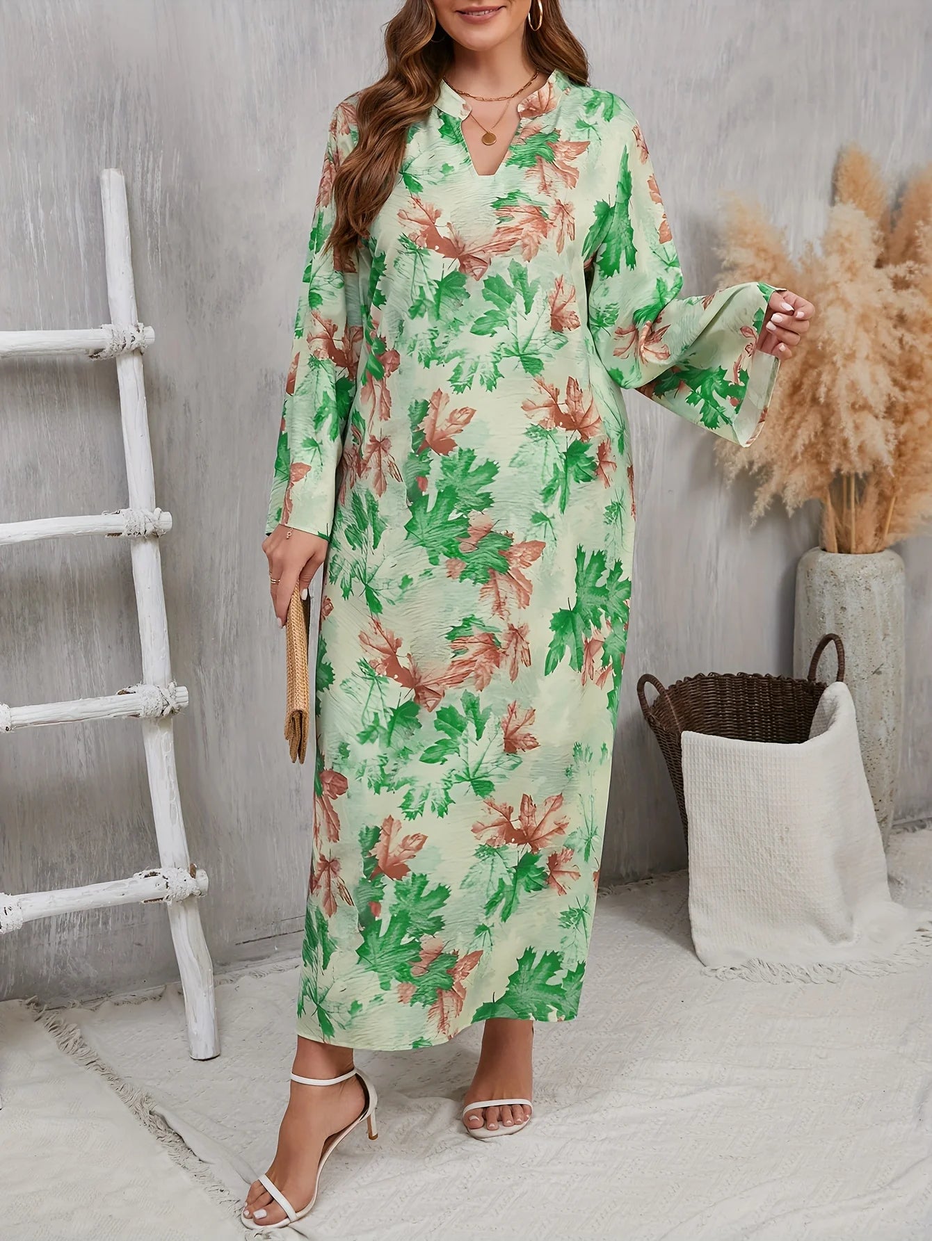Plus Size 1XL-5XL V-neck Dress Beautiful Maple Leaf Print Loose Straight Elegant Dress