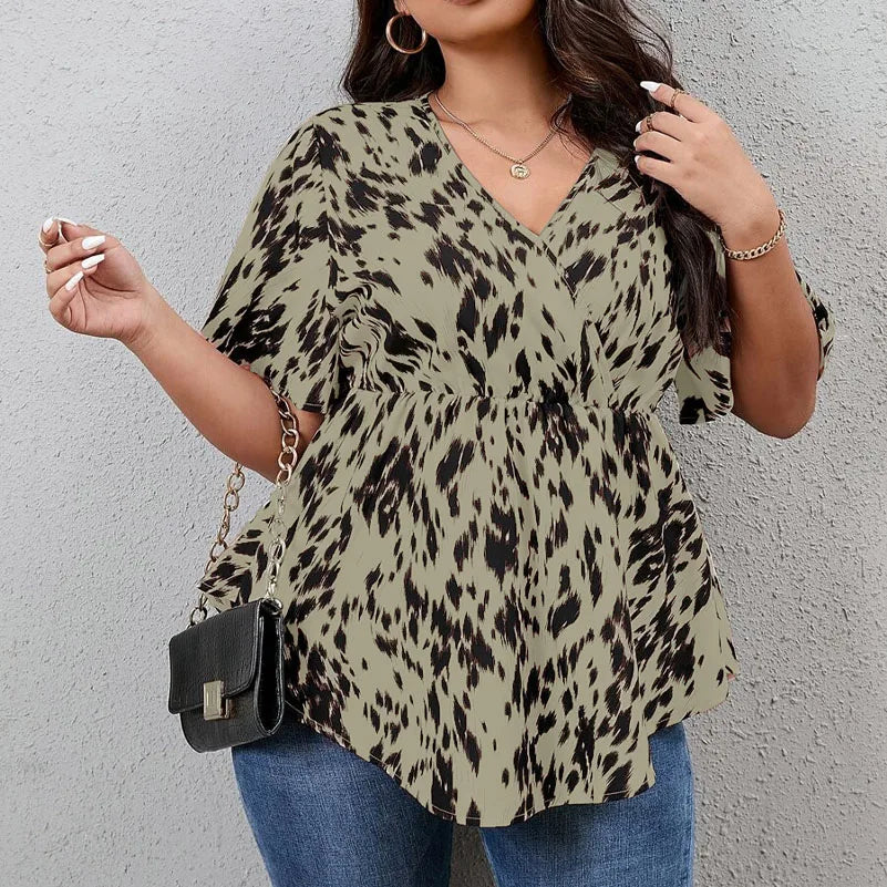 Plus Size Women's All-Over Printed V-Neck Short-Sleeved Elastic Waist Summer Casual Tops