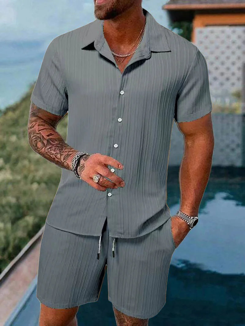 Spring and summer European Style new men's striped jacquard loose shorts and shirt set.   S-3x