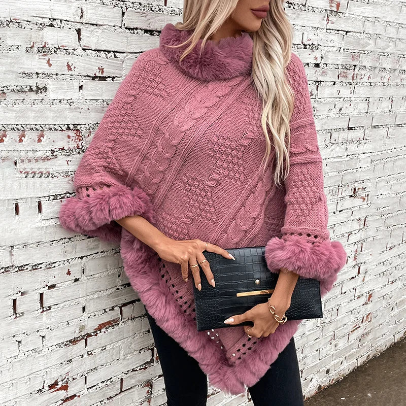 Women's Winter Women's Loose Plus Size Warm Imitation Rabbit Fur Collar Cloak Coarse Dough Twists Sweater Coat