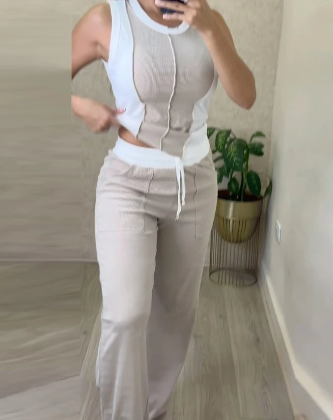 New Fashion Two Piece Trousers Outfit Casual Colour block Ribbed Tank Top & Pocket Pants Set for Women