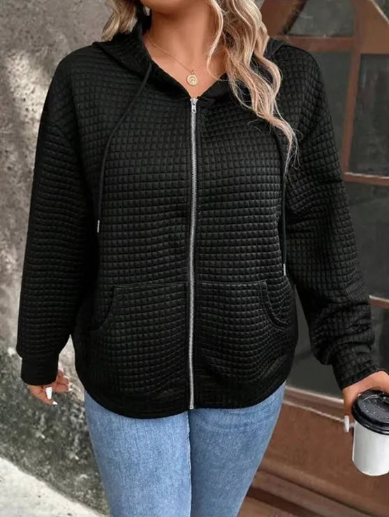 European plus size autumn new casual solid colour pocket hooded jacket