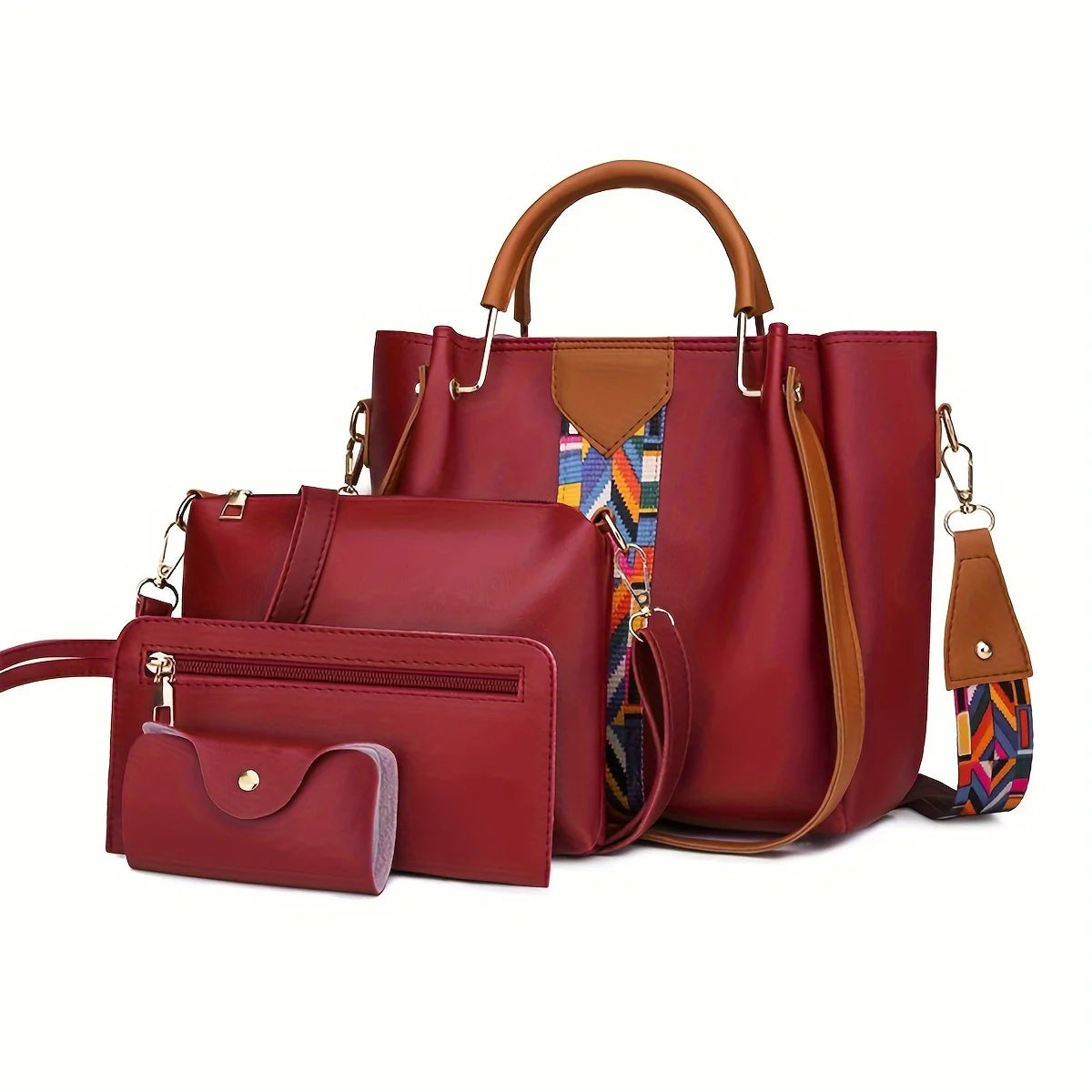 4pc Large Capacity Luxury Women's Shoulder Bag Fashion Coloured Ribbon Patchwork Tote Bag
