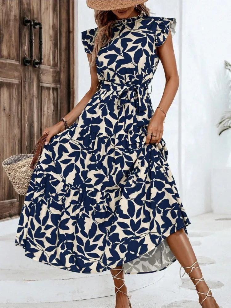 Elegant Women's Flower Midi Dress New Summer Fashion Stand Collar Flying Sleeve Dress Casual Dress.  S-2X