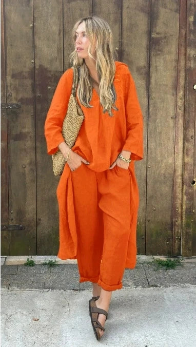 New Women's Pocket V-neck 2-piece Set Solid Loose Casual Women's Clothing Fashion Elegant Two Piece Outfits Woman.  S-3X