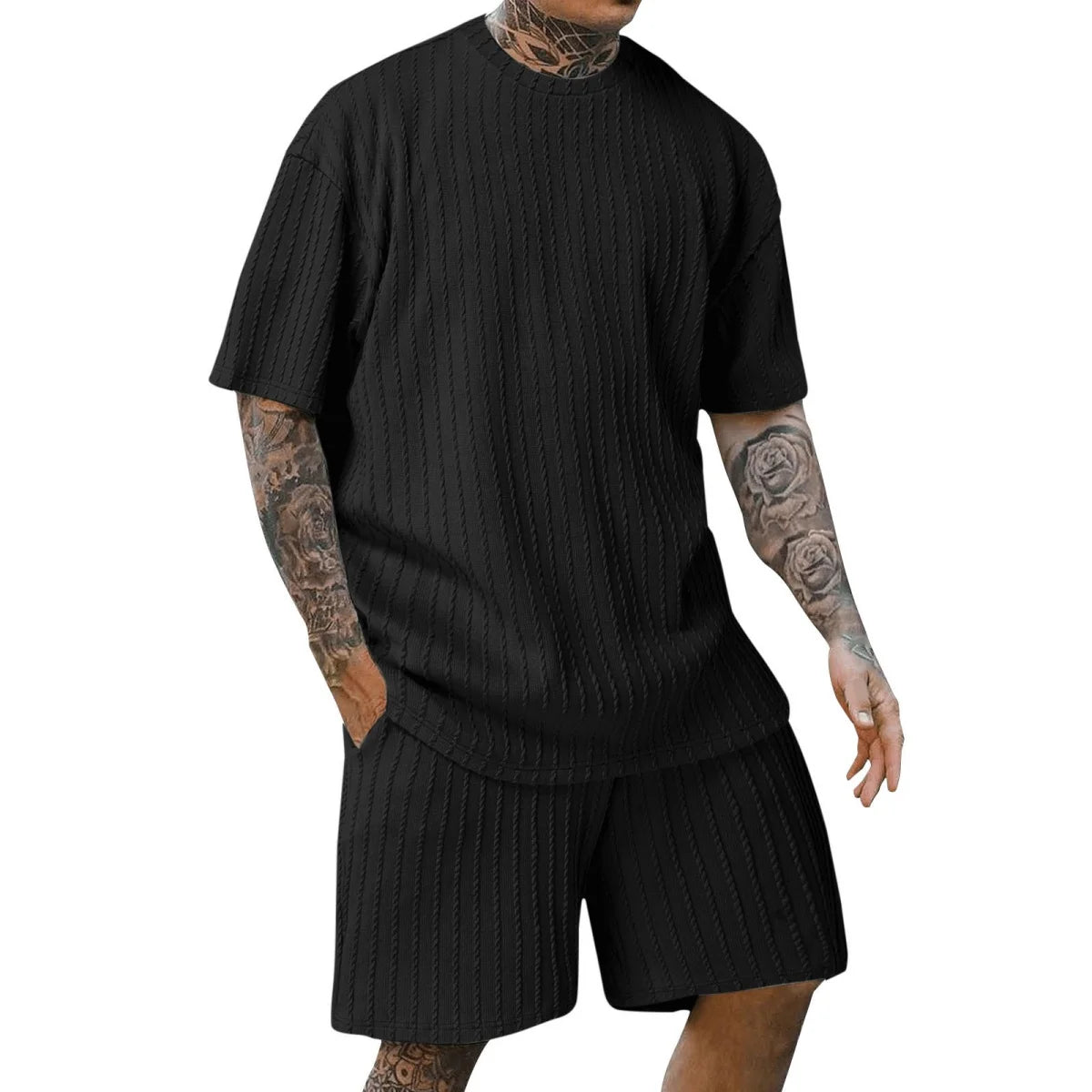 Men's Popular Casual And Soft New 2025 Two-Piece Solid Colour Crew Neck Vertical Stripe T-shirt And Shorts.