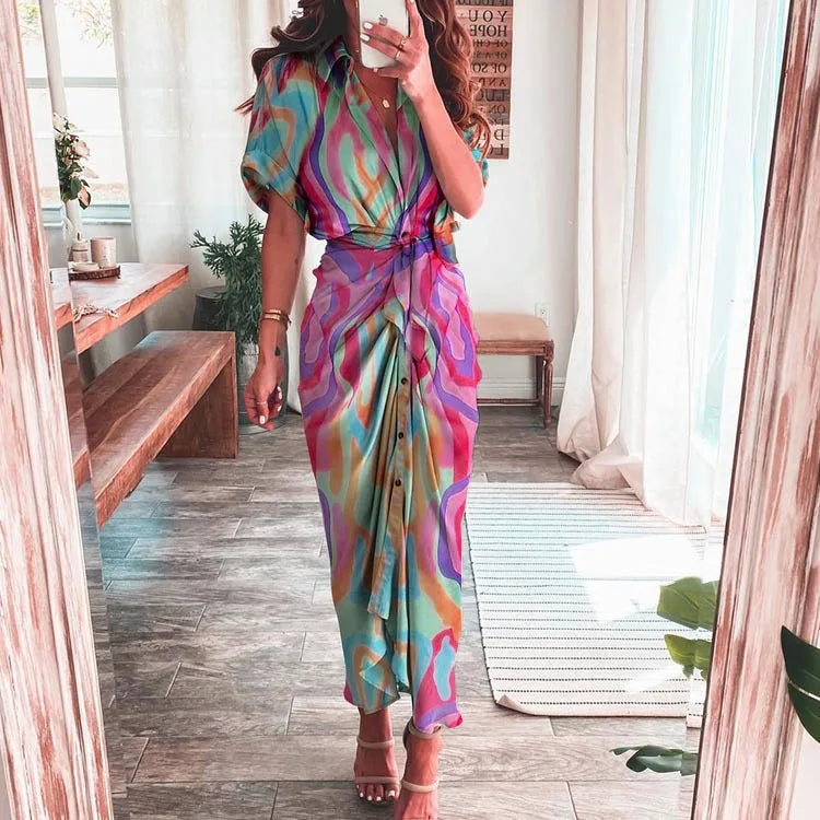 Summer Fashion Printed Short Sleeve Dress Vintage Waist Tie-up Button Bandage Long Dress.  S-3x