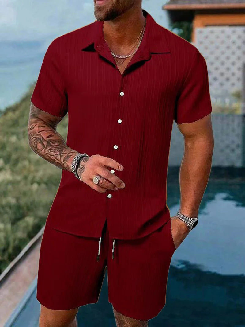 Spring and summer European Style new men's striped jacquard loose shorts and shirt set.   S-3x
