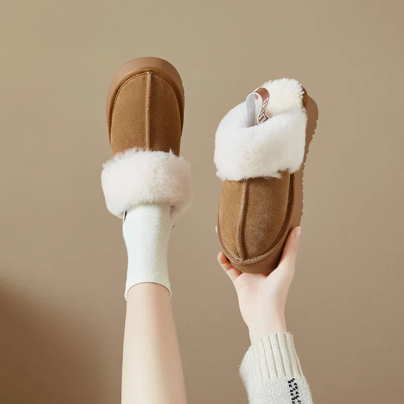 Thick Bottom Woolen Slippers Women Winter Style Genuine Leather Fleece Lined Shoe/Sandal
